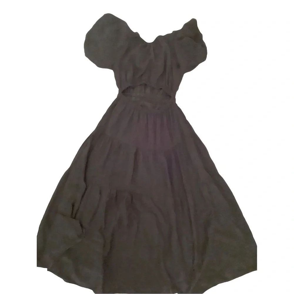 ANTHROPOLOGY MOON RIVER PUFF SLEEVE BACK CUTOUT SMOCKED WAIST MIDI DRESS SMALL - Picture 4 of 16